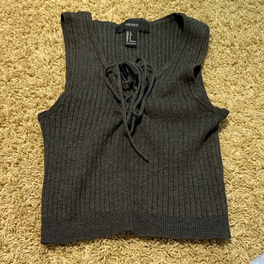 Forever 21 Charcoal Ribbed Lace-Up Tank